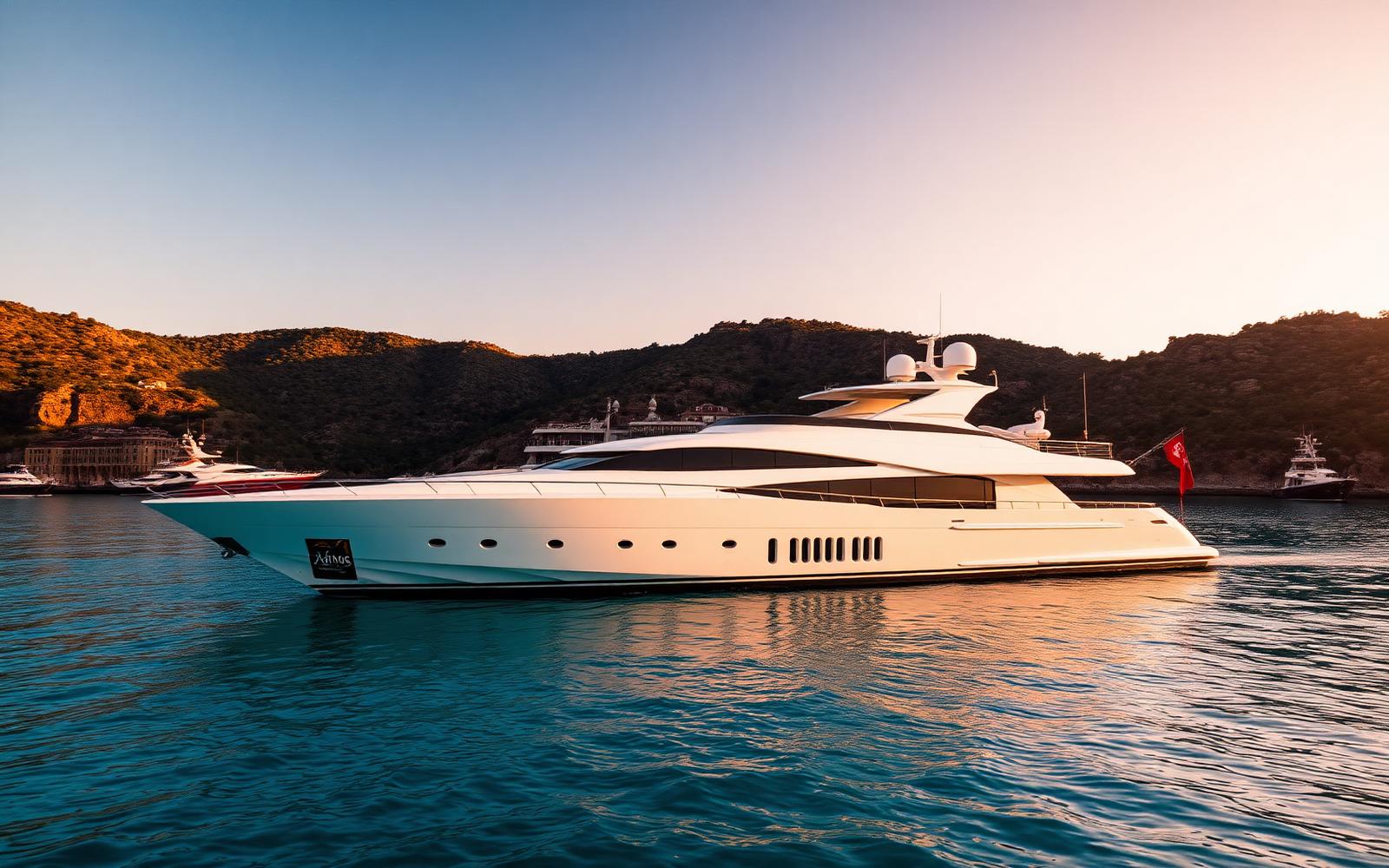 A luxury yacht anchored in the Mediterranean at golden hour